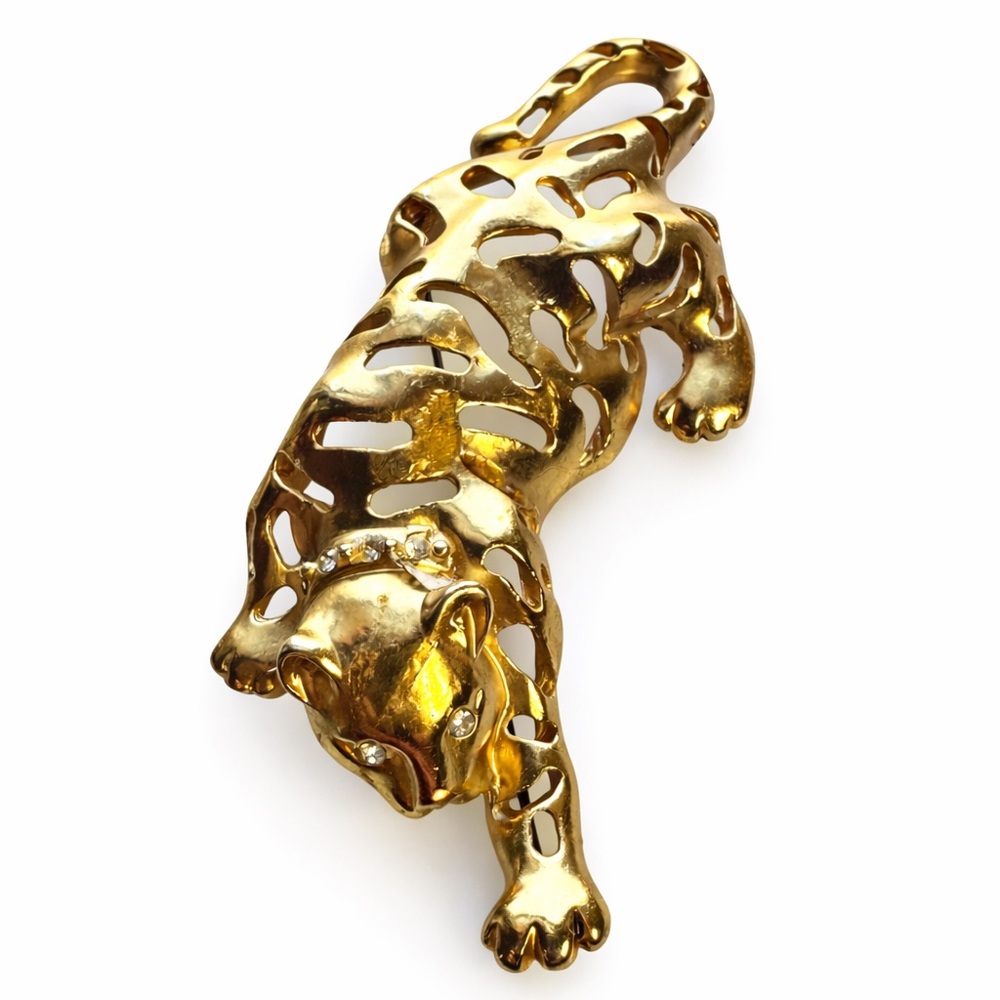 Vintage Gold Tone Leopard Panther Big Cat Brooch Statement Pin
